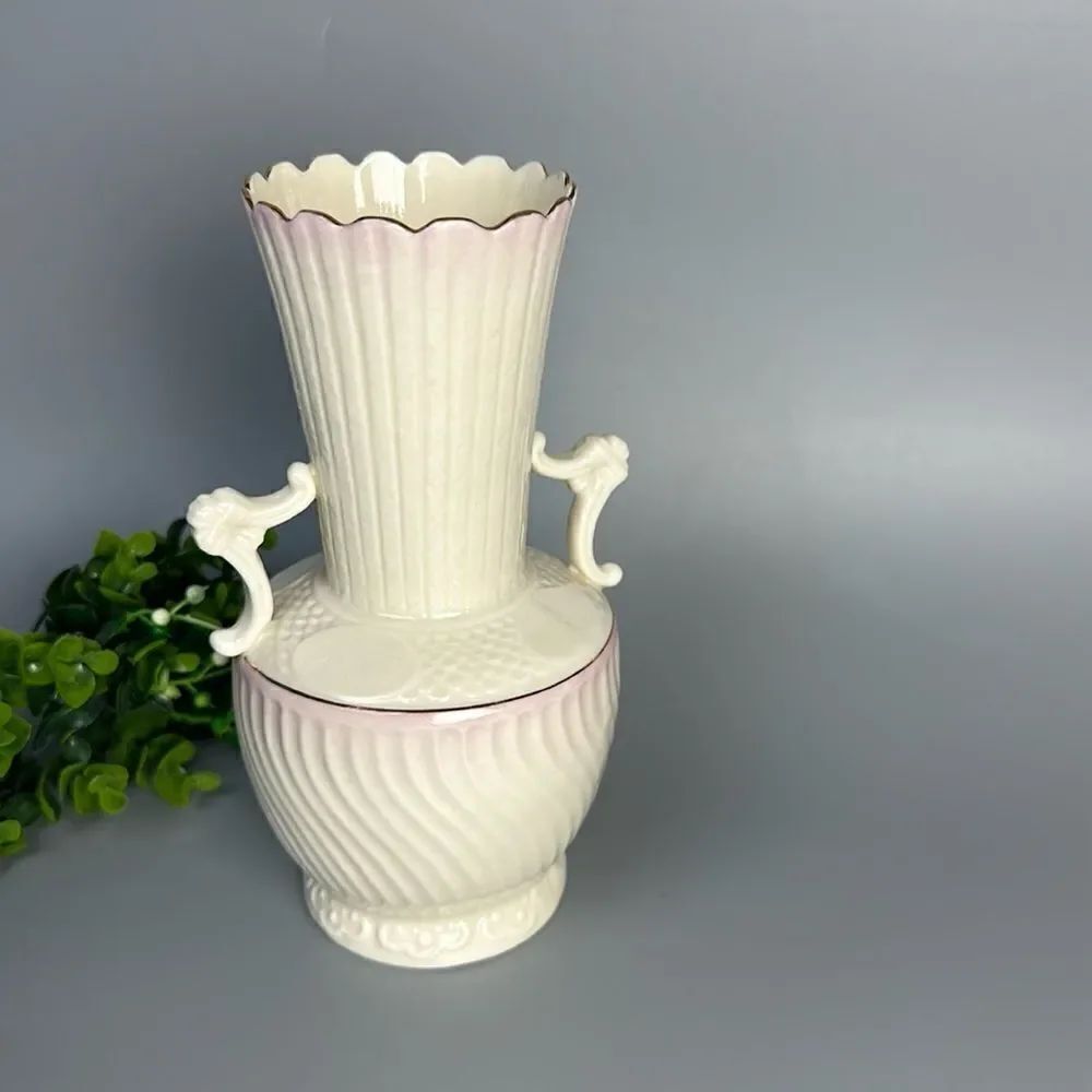 Vintage Belleek Porcelain Vase with Light Pink Glaze & Embossed Patterns 8"